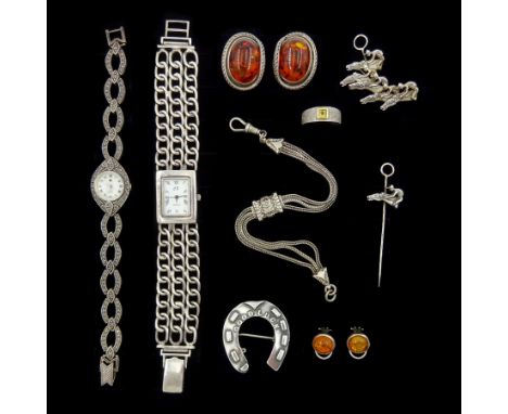 Silver and stone set silver jewellery including racehorse finishing post pendant and matching stick pin, Links of London ston