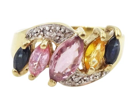 9ct gold marquise cut multi pink, yellow and blue sapphire ring, with white sapphire surround, hallmarkedCondition Report:App