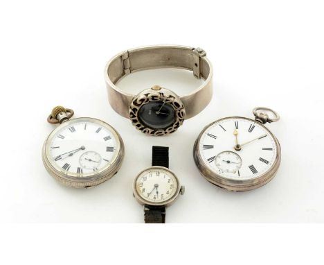 Obrey silver cased manual wind wristwatch, with arabic hours to bezel and stip bangle strap; two silver cased pocket watches 