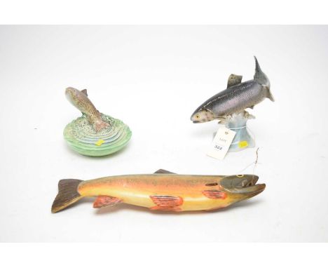 A Beswick fish pin dish; together with a Hummel figure of a fish, no CS212; and a painted green model of a fish, 35cms high. 