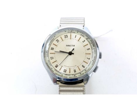 Raketa (Paketa) steel cased manual World Time wristwatch, with adjustable international time zone bezel, on flexible strap. N