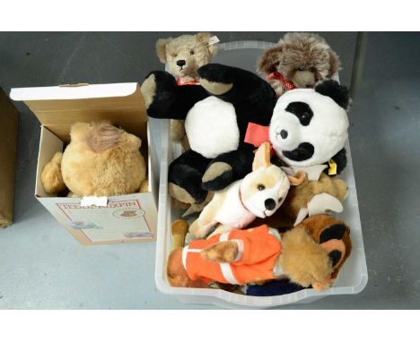 A selection of teddy bears, including: Steiff Petsy Panda 0240/45; Merrythought Deer; Steiff 'cosy friends' Camel; Teddy Ruxp