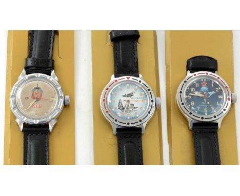 Three Vostok (Boctok) Military Watch manual wind steel cased wristwatches, various designs, in boxes. Note: watches are windi