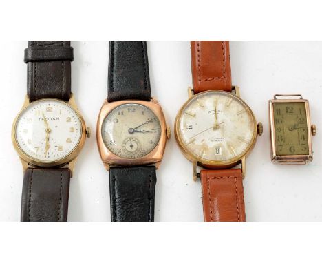 Four 9ct yellow gold cased wristwatches, one by Rotary, one by Trojan, one case stamped 'RWC' (probably Rolex Watch Co but mo