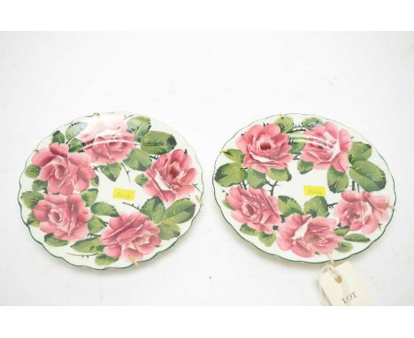 A pair of Wemyss Ware cabbage rose cabinet plates, painted mark to underside, 18cms diameter.