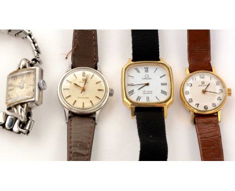 An Omega Seamaster steel cased manual wind cocktail watch; an Omega gilt steel cased manual wind cocktail watch; an Omega De 
