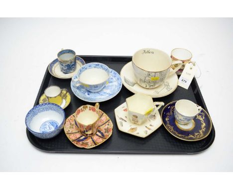 A selection of 19th Century and later tea cups and saucers, including: New Hall chinoiserie blue and white tea cup and saucer