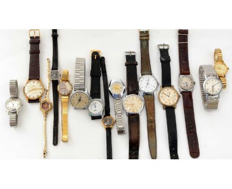 A selection of manual wind wristwatches, in steel/gilt-steel cases, makers include: Cyma, Rone, Pilot, Glaco, Quest, Talis, C