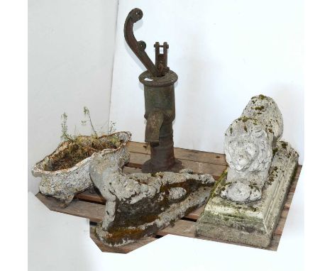 A composition garden lion ornament, 61cm; a vintage cast iron water pump; a composition gnome ornament and a cast metal oval 