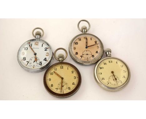 Four steel cased Military pocket watches, one running stamped 'B23921'; three not running, once of which by Helvetia, all cro
