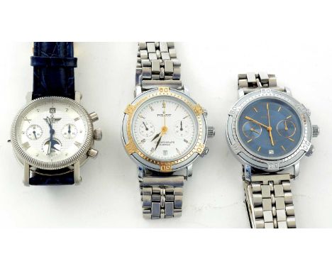 Three Poljot manual wind chronograph wristwatches, one with moon phase. Note: watches are winding on and running at time of i