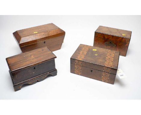 A 19th Century walnut tea caddy, with ‘X’ patterned veneer, 24cms wide; Victorian mahogany and banded tea caddy or box (no in