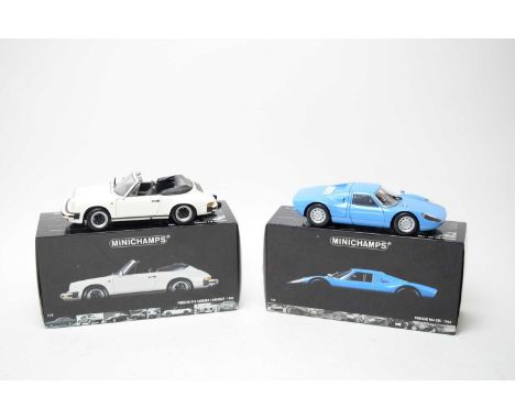 Two Minichamps 1:18 scale diecast Porsche model cars, comprising: Porsche 911 Carrera Cabriolet 1983; and a Porsche 904 GTS 1