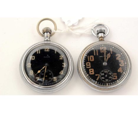 Two Military steel-cased, open-faced pocket watches, one by Elgin and the other Waltham, both with black dials with subsidiar