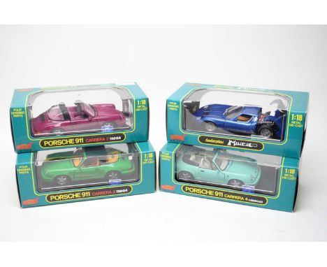 A collection of Anson 1:18 scale diecast model cars, comprising: two Porsche 911 Carrera 2 Targa models (various colours); Po