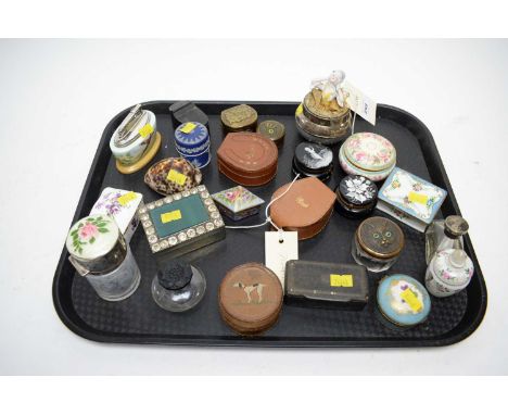 A selection of scent, trinket and pill boxes, including: silver topped scent bottle with rose enamelled decoration, Birmingha