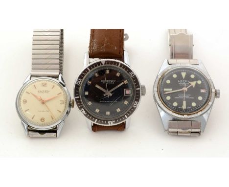 Three manual wind steel cased wristwatches: Buren Grand Prix Incabloc; Regency; and Lafel Seaflower.Note: all watches are win