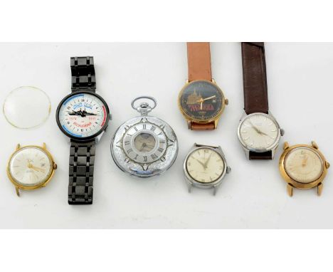 Four Poljot wristwatches, one automatic and three manual wind, one with strap; and other Russian watches. 