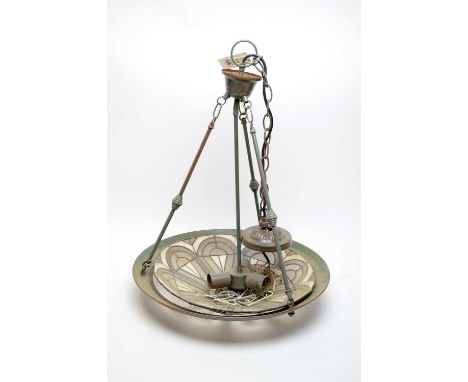 An Art Deco style, stained glass ceiling light of circular form, with stained leaded glass style shade (loose), with triparti