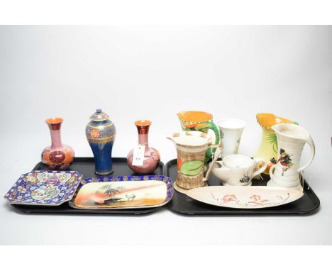 A collection of decorative ceramics, including: two Art Deco style Burleigh animal handle water jugs; pair of Crown Ducal War