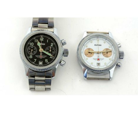 Russian Buran Poljot steel cased manual wind chronograph wristwatch, with steel bracelet strap; and another similar without s