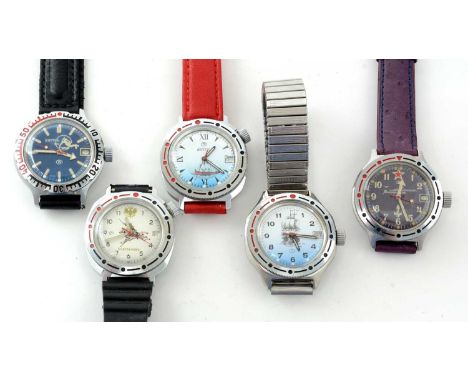 Five Vostok (Boctok) Military Watch manual wind steel cased wristwatches, various designs.Note: watches are winding on and ru