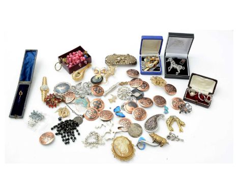 A selection of costume jewellery brooches, some silver, some with enamel. 