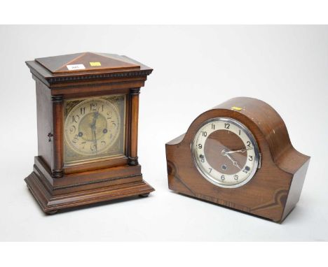 A Victorian mahogany mantel clock, the Arabic dial within architectural case, 32cms high; together with an Art Deco style dom