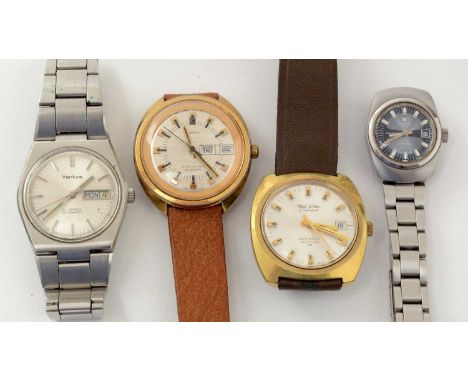 Four automatic wristwatches, comprising: Ventura 21-jewel day/date; Paul Jobin Incabloc 25; Timex day/date; and Tissot Seasta