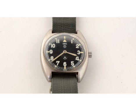 CWC Military steel cased manual wind wristwatch, the black Arabic dial with broad-arrow mark, stamped to reverse '6BB-6645-99
