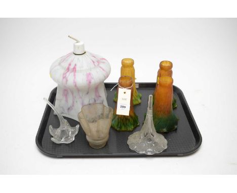 A set of four Art Nouveau amber and green ombré mottled glass shades, each with frilled border, 15cms high; together with a p