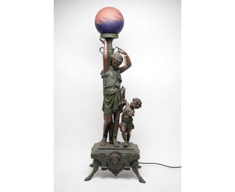 A French reproduction Neoclassical style bronzed figural lamp, signed after Moreau, formed as a water bearer and child, with 