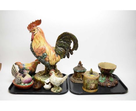 An Italian Majolica cockerel, modelled standing, 52cms high; 1930s cockerel teapot, likely by Royal Winton, no 810173; Italia