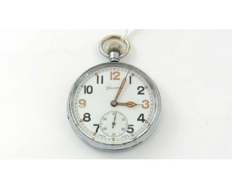 Helvetia steel cased open faced Military crown wind pocket watch, stamped to reverse with broad-arrow mark.Note: watch is win