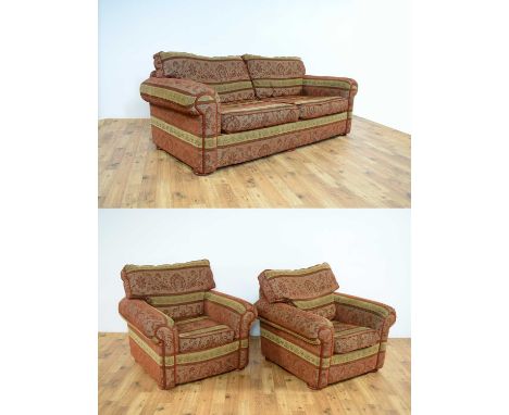 A contemporary Barker and Stonehouse three-piece suite, the sofa with scrolled armrests and detachable cushions, 220 x 100 x 
