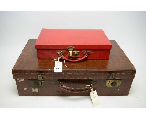 A vintage crocodile skin effect travel trunk; together with another vintage travel trunk; and a brass bound Chinese box. (3) 