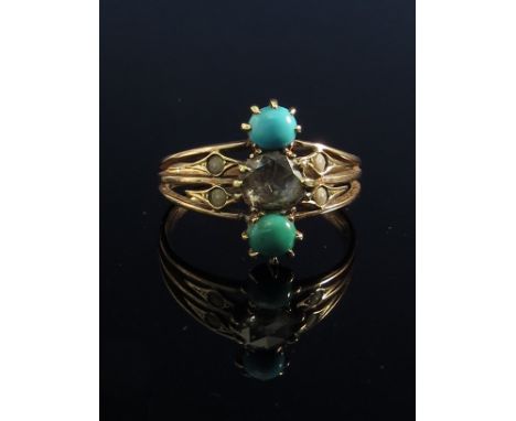 A Victorian diamond, turquoise and pearl ring, the centre old cut diamond approx. .50ct flanked by green and blue turquoise s