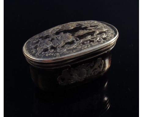 An early 19th Century tortoiseshell lidded container, the top inset with a white metal hunting scene, crest to front a/f, 8cm