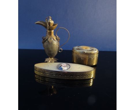 A 19th Century lozenge form mother of pearl and brass pill pot, set with central portrait, scent bottle in the form of a jug 