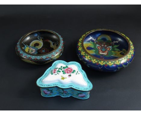 Two Chinese cloisonné bowls, Imperial dragon decoration together with a Canton enamel box in the form of a butterfly (3)
