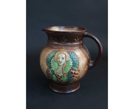 A Royal Doulton brown glazed jug decorated with Queen Elizabeth portrait and lion to reverse,  17cm high 