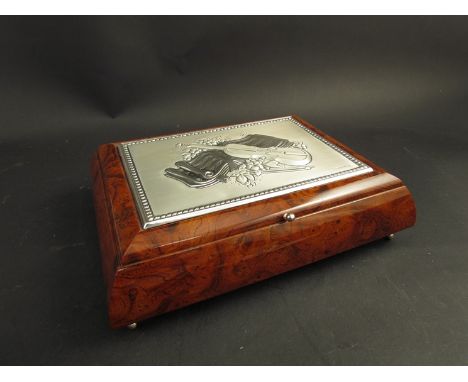 A burr veneered jewellery/trinket box with silver-top embossed design of violin and music, stamped 925