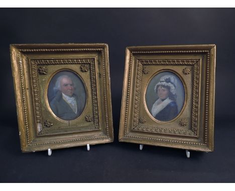 A 19th Century pair of portrait oils of lady and gentleman, beaded and floral gilt frames, 10 x 8cm