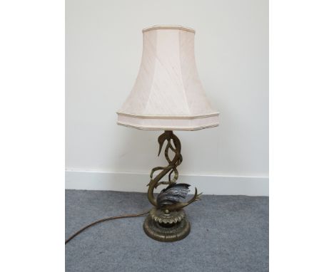 A brass figural lamp as a Deco style swan with shade 