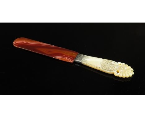 A banded agate page turner with carved mother of pearl handle and engraved white metal collar 