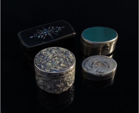 A Victorian papier-maché snuff box, white metal Eastern trinket box and two others 