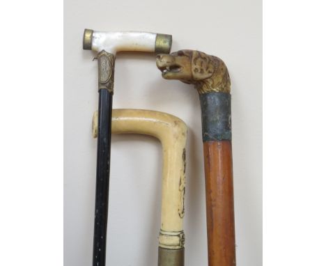 Three 19th Century walking canes including ivory lion-form handle, mother of pearl and a knarled example 