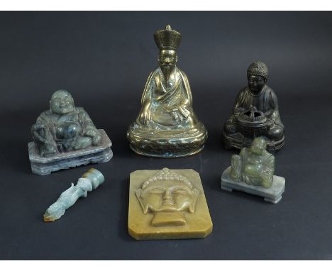 Two Chinese hardstone (Jadeite), figures of Buddha, hardstone head of the Buddha plaque, jade standing Buddha, Chinese brass 