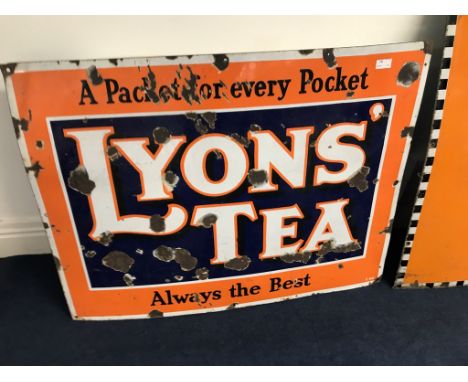 An enamel Lyons' Tea 'A Packet for every Pocket' tin sign: H99cm x 150cm