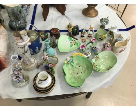 A box of ceramics to inc Carltonware, Wedgwood, figurines and glass